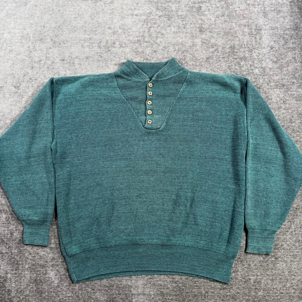 Alps Apparel Men Large Teal Green Cotton Knit Henley Sweater Made in USA Vintage
